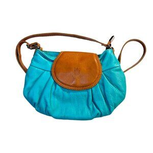 Vintage Italian Leather Turquoise and Brown Crossbody Purse w/ Adjustable Strap